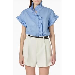 NEW ENGLISH FACTORY microprint ruffle detail cotton button-up shirt in blue